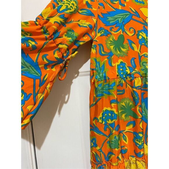 Vintage Me 2 Magic Women’s Medium Vibrant Orange Yellow Floral Maxi Dress Tie - Picture 2 of 9